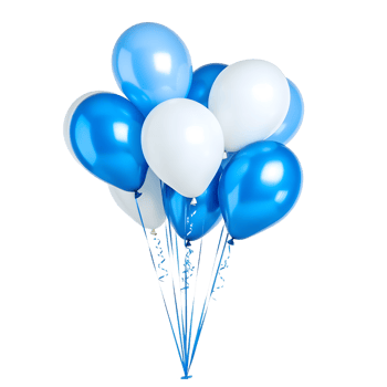 A vibrant bunch of blue and white balloons tied together with ribbons isolated on transparent background png