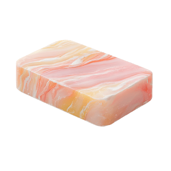 A rectangular bar of marbled soap with pink and yellow swirls isolated on transparent background png