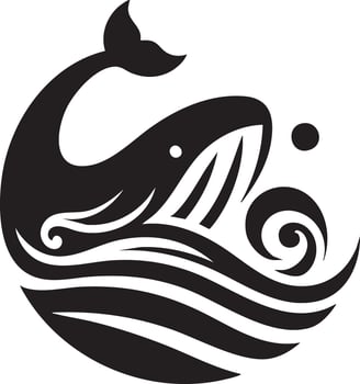 Elegant Black Whale Silhouette Swimming Through Stylized Ocean Waves and Bubbles vector