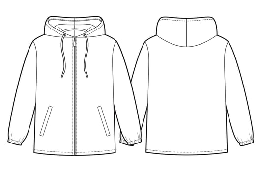 Mens windbreaker with a hood, jacket sketch vector