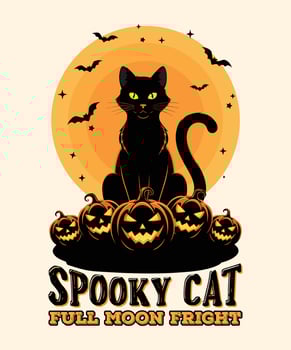 Spooky Cat, Full Moon Fright, Black Cat Halloween T-shirt Design, Black cat sits on pumpkins under a full moon with witch silhouette. vector