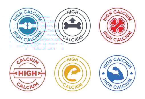 Collection of High Calcium Product Labels Illustrating Health Benefits and Promoting Bone Strength vector