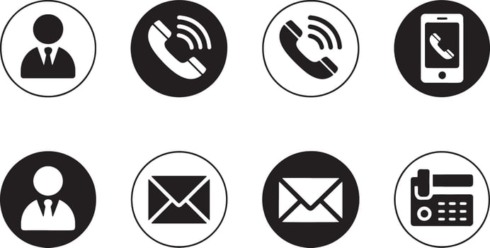 Black and White Contact Icons in Circles Person Phone Mobile Email Telephone vector