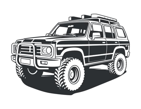 Monochrome OffRoad Vehicle Illustration Rugged SUV with Roof Rack and Bull Bar for Adventure and Exploration in Isolated Transparent Style vector