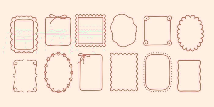 Border scalloped frame with curly wavy and oval ribbon elements in blush tones. Dot bow square sketch with delicate design for soft layout. Perfect for girly tags or note templates vector