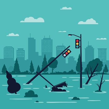 Urban Flooding with Traffic Lights and Submerged Trees in City Skyline Scene Illustration vector