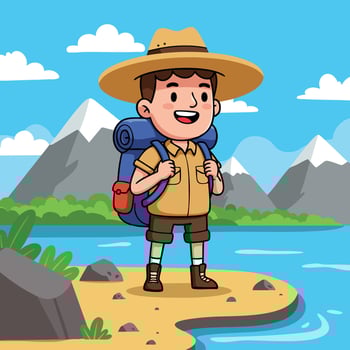 Boy hiker with backpack and hat standing by mountain lake landscape with blue sky clouds and greenery illustration vector