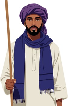 Man wearing traditional turban and scarf holding walking stick illustration in cultural attire vector