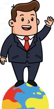 Businessman standing on colorful globe illustration with suit and red tie waving hand graphic vector