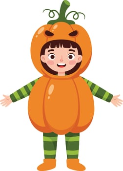 Child wearing pumpkin costume with green striped outfit happy Halloween celebration illustration vector