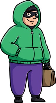 Cartoon character of a masked man wearing green hoodie and purple pants holding brown briefcase illustration vector