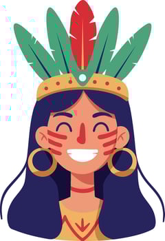 Smiling indigenous woman with feather headdress and traditional face paint illustration for cultural representation and native identity vector
