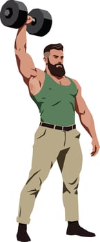 Muscular man lifting dumbbell with one hand in green tank top and beige pants illustration vector