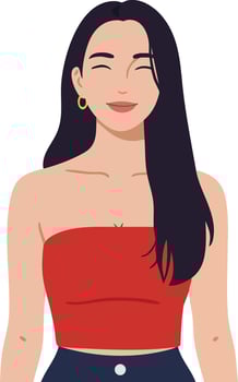 Young woman with long black hair wearing red strapless top and dark pants simple illustration vector
