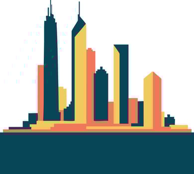 Modern city skyline with colorful geometric buildings illustration in blue yellow and red tones vector