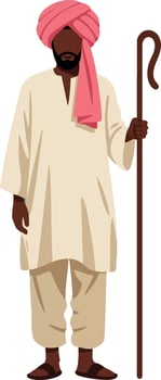 African man in traditional clothing holding shepherd staff with pink turban and beige outfit illustration vector