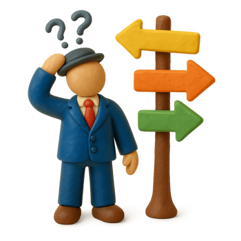 Clay figure contemplating choices at directional signpost with questioning markers png
