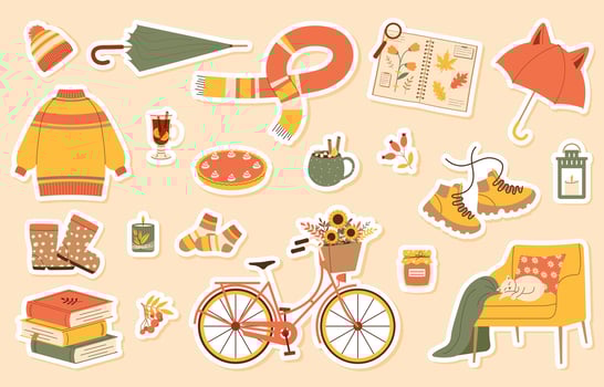 Autumn-themed illustrations and cozy accessories vector