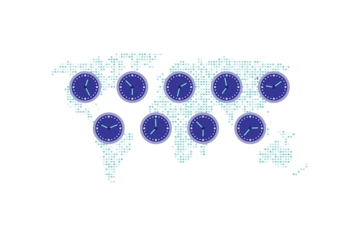 Digital Illustration of Pixelated World Map with Blue Clocks Showing Different Time Zones, Symbolizing Global Time vector
