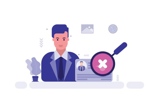 Illustration of cartoon businessman with magnifying glass showing white X, symbolizing rejection or disapproval vector