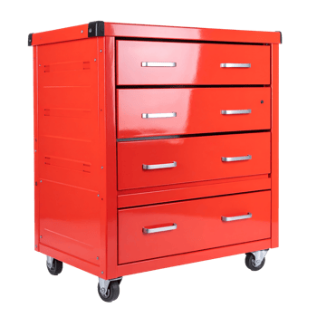Red metal storage cabinet with drawers isolated on a transparent background. png