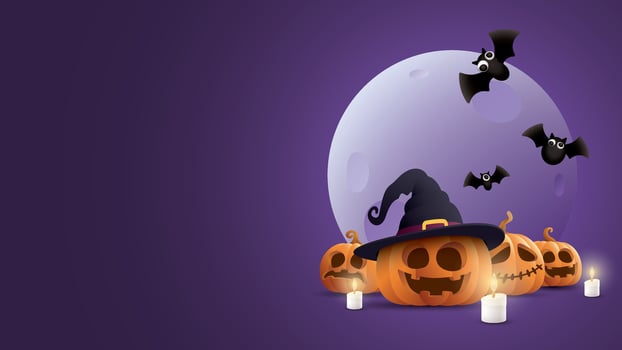 3D Halloween elements with purple background graphic illustration have blank space. vector