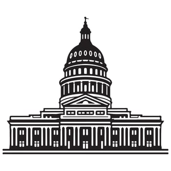 Black and white graphic illustration of a capitol building with dome government building architecture vector