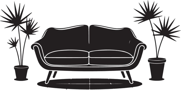 Black silhouette of a sofa with potted plants on a white background couch furniture vector