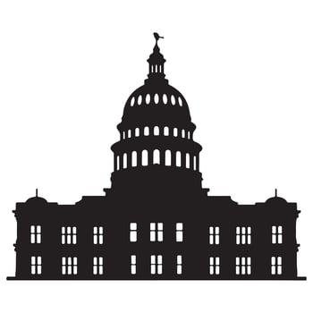 Black silhouette of a domed capitol building with many windows government building architecture vector