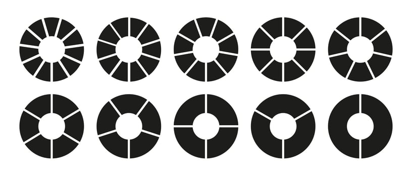 Wheel round divided diagrams with two, three, four, five, six, seven, eight, nine, ten, eleven segments. Circle division on 2, 3, 4, 5, 6, 7, 8, 9, 10, 11 equal parts. Coaching blank. Infographic set vector