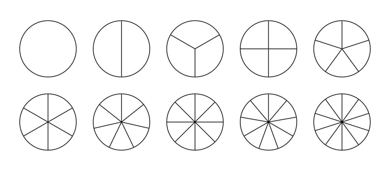 Template of pie chart. Coaching blank. Segmented charts. Sectors divide the circle on equal parts. Parts of diagram wheel from 1 to 10. Outline black graphics. Pie charts, pizza charts set. Segments vector