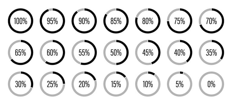 Percentage infographics elements. Round diagrams icons for infographics from 0 to 100 percent. Black, grey color fill divided pie charts indicator layout. Mockup of circle graph loading progress. vector