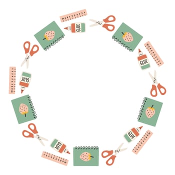 Simple green red school circle frame. Round school themed border made of different school objects. Soft pastel colors back to school hand drawn banner isolated on white background. vector