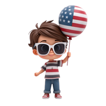 Patriotic Child with American Flag Balloon 3D Render isolated on transparent background png