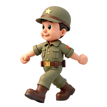 3D Cartoon Soldier Walking Animation Military Character Cute Mascot Design isolated on transparent background png