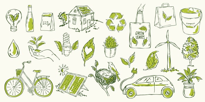 Doodle icon set on the theme of recycling and eco friendly lifestyle. Hand-drawn outline clipart collection with symbols related to sustainability and green living vector