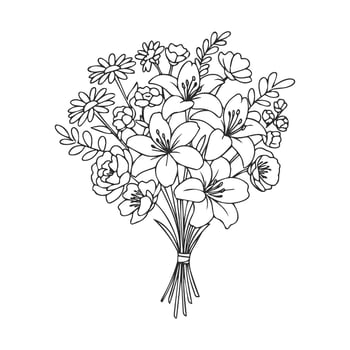 Detailed black and white of a floral bouquet with lilies and wildflowers vector