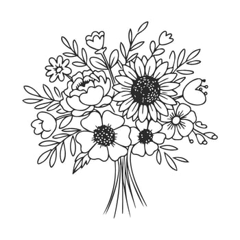 Black and white floral bouquet with detailed flowers and leaves vector