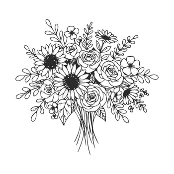 Black and white floral bouquet of sunflowers, roses, and leaves vector