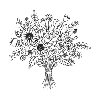 Intricate black and white floral bouquet featuring sunflowers and roses vector