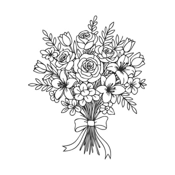 Elegant floral bouquet with roses and tulips line art vector