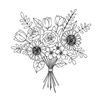 Intricate floral bouquet line art composition with roses and tulips vector