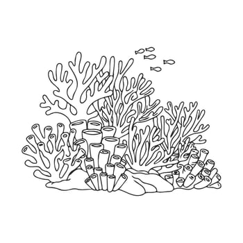 Intricate black and white coral reef line art with swimming fish vector