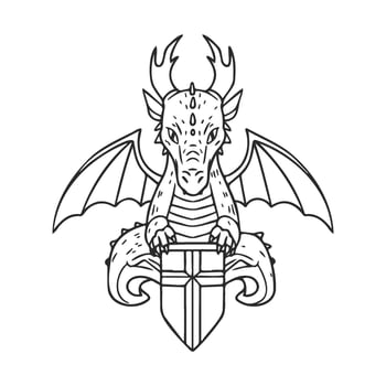Cute cartoon dragon with wings and shield design vector