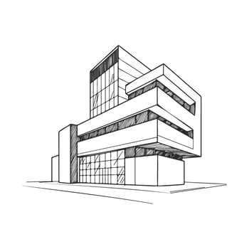 Black and white architectural sketch of modern geometric building design vector