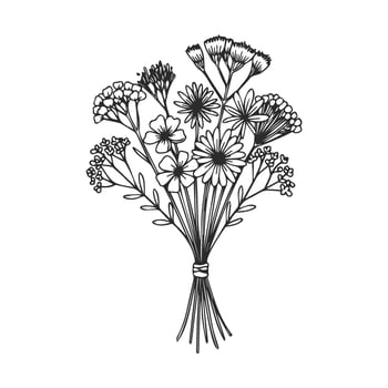 Elegant drawn bouquet of wildflowers in monochrome line art style vector