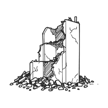 Crumbling building ruins with debris and broken walls in black and white vector