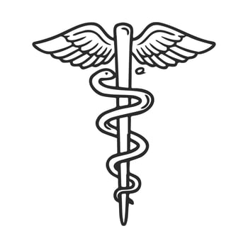 Traditional caduceus symbol depicting two wings and a serpent wrapped around a staff vector