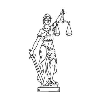 Blindfolded lady justice with sword and scales drawing in black and white vector