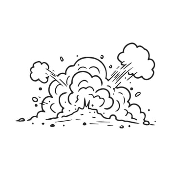Cartoon explosion drawing with smoke and debris on white background vector